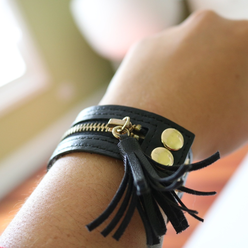 Black Leather Zipper Cuff Bracelet